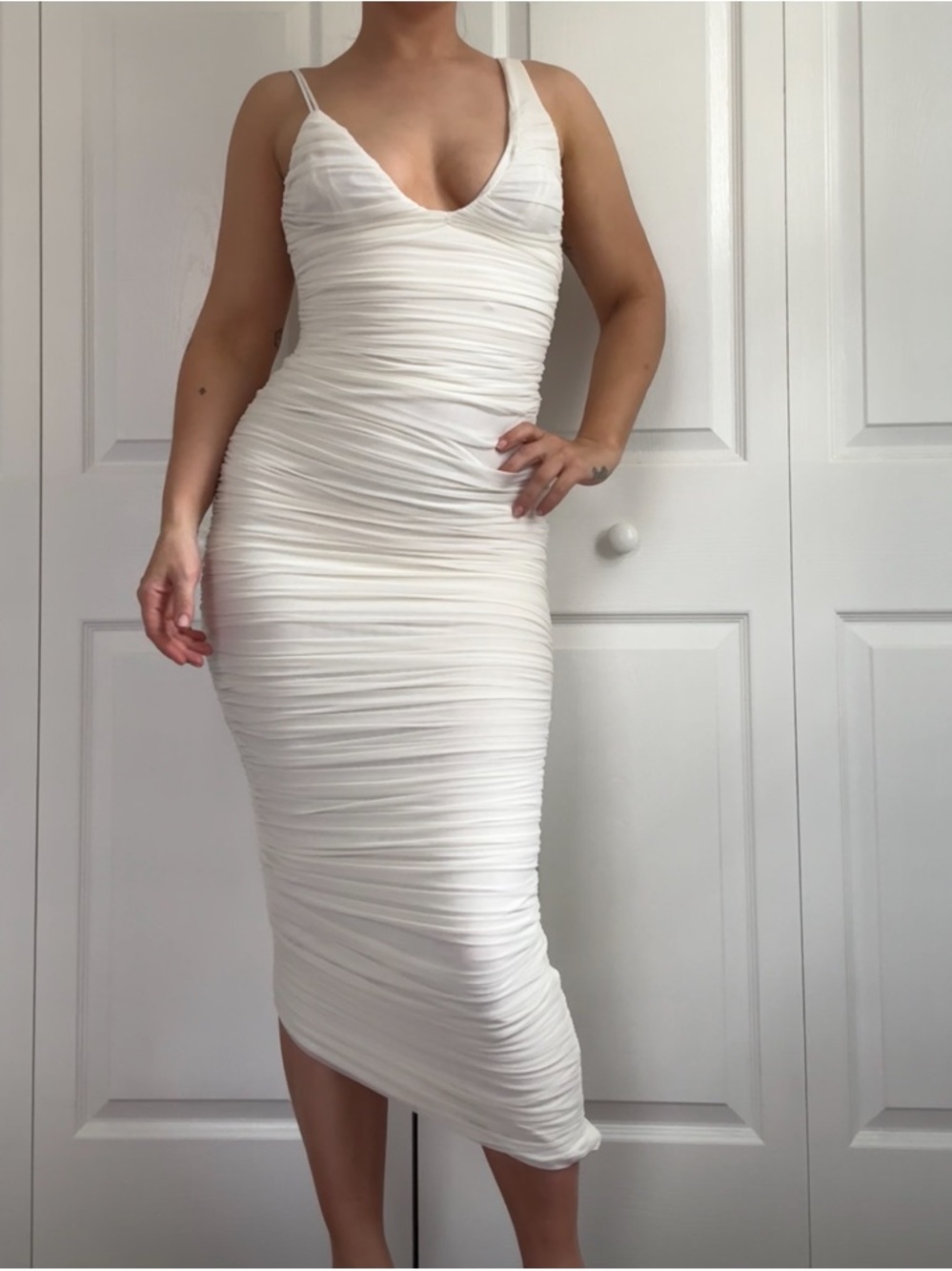 House of CB White Ruched Midi Bodycon Dress